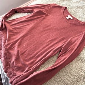 Dusty salmon colored Loft sweater with pattern bottom.  Size L
